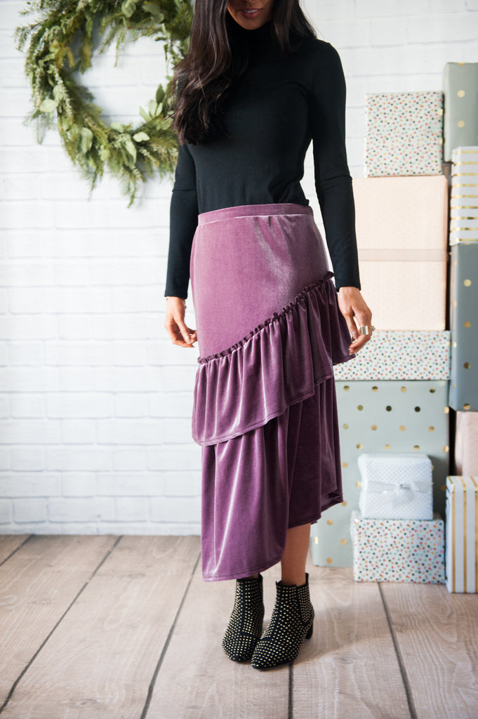Mauve Tiered Velvet Skirt
